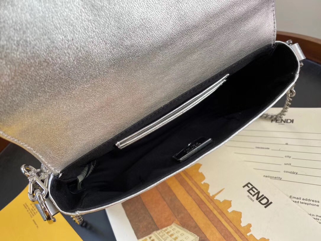 F**di baguette mini bag in silver lambskin with ff motif