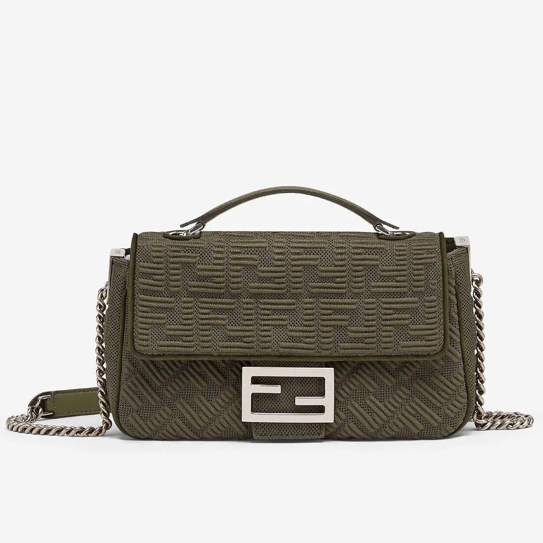 F**di midi baguette chain bag in green ff fabric