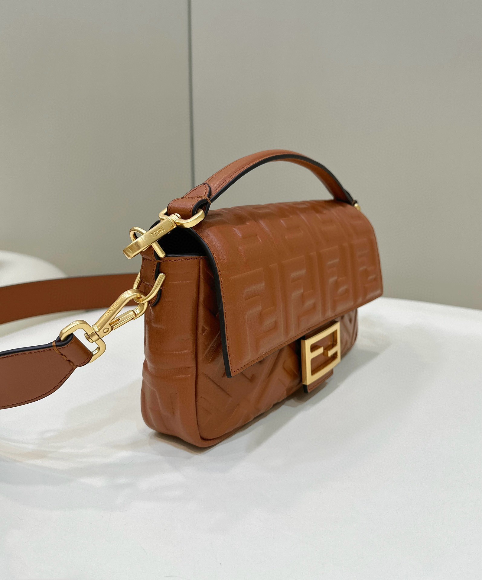 F**di medium baguette bag in brown ff nappa leather