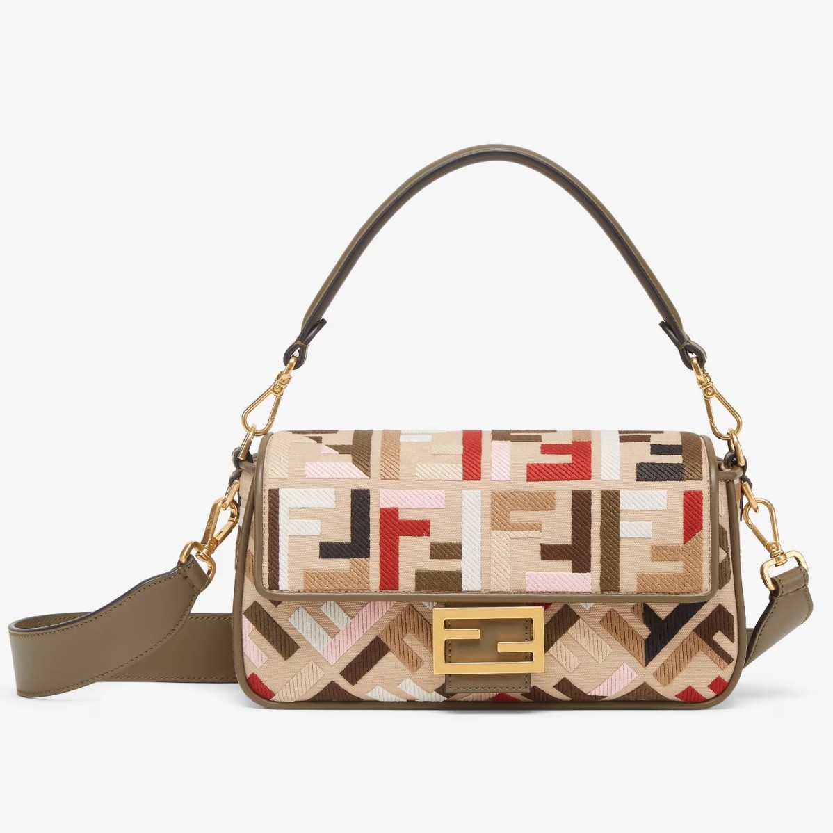 F**di baguette medium bag in canvas with multicolor ff embroidery