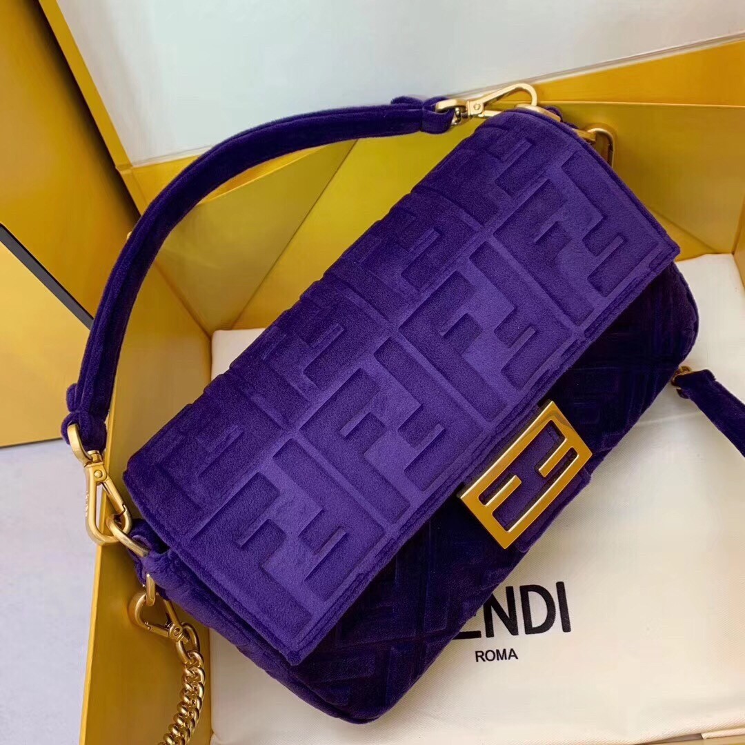 F**di purple velvet ff motif medium baguette bag