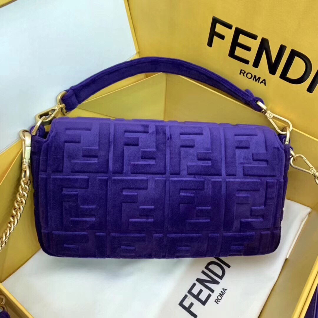 F**di purple velvet ff motif medium baguette bag