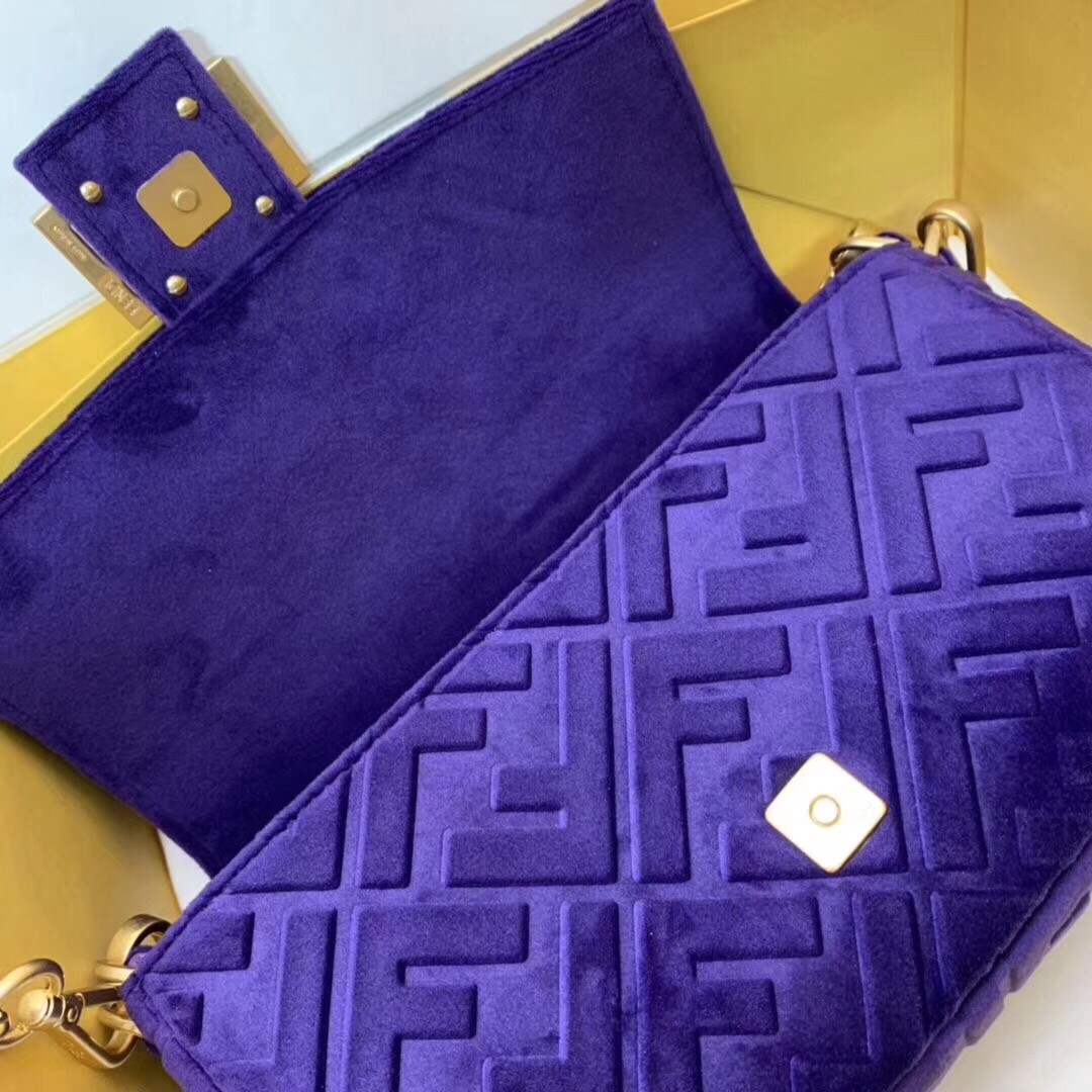 F**di purple velvet ff motif medium baguette bag