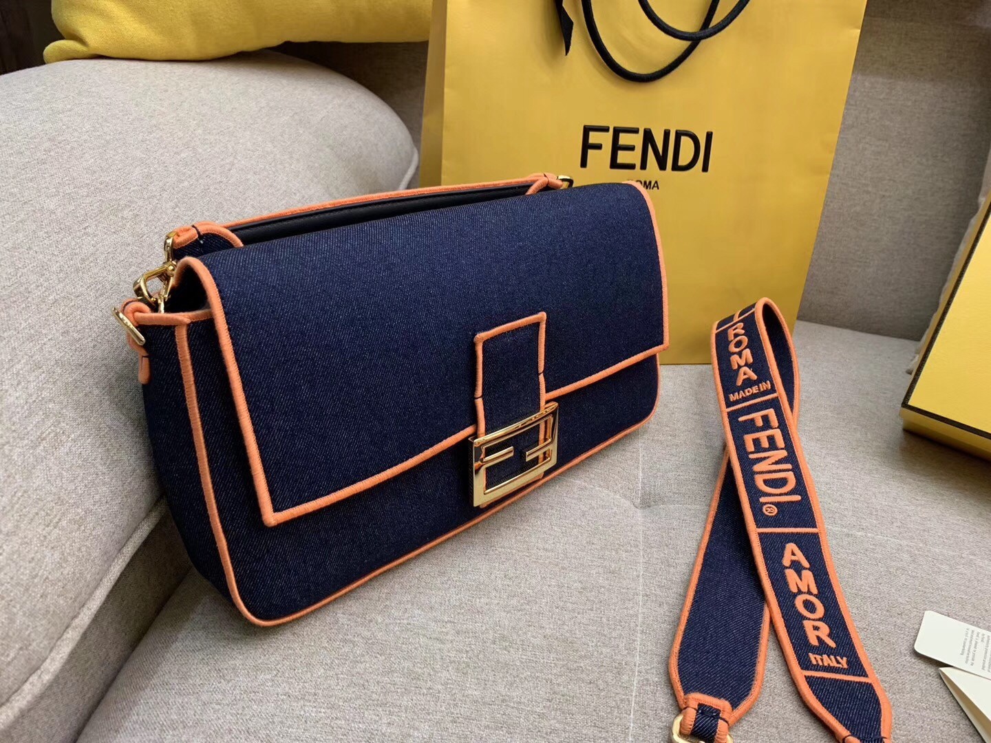 F**di large baguette bag in blue denim with orange trim