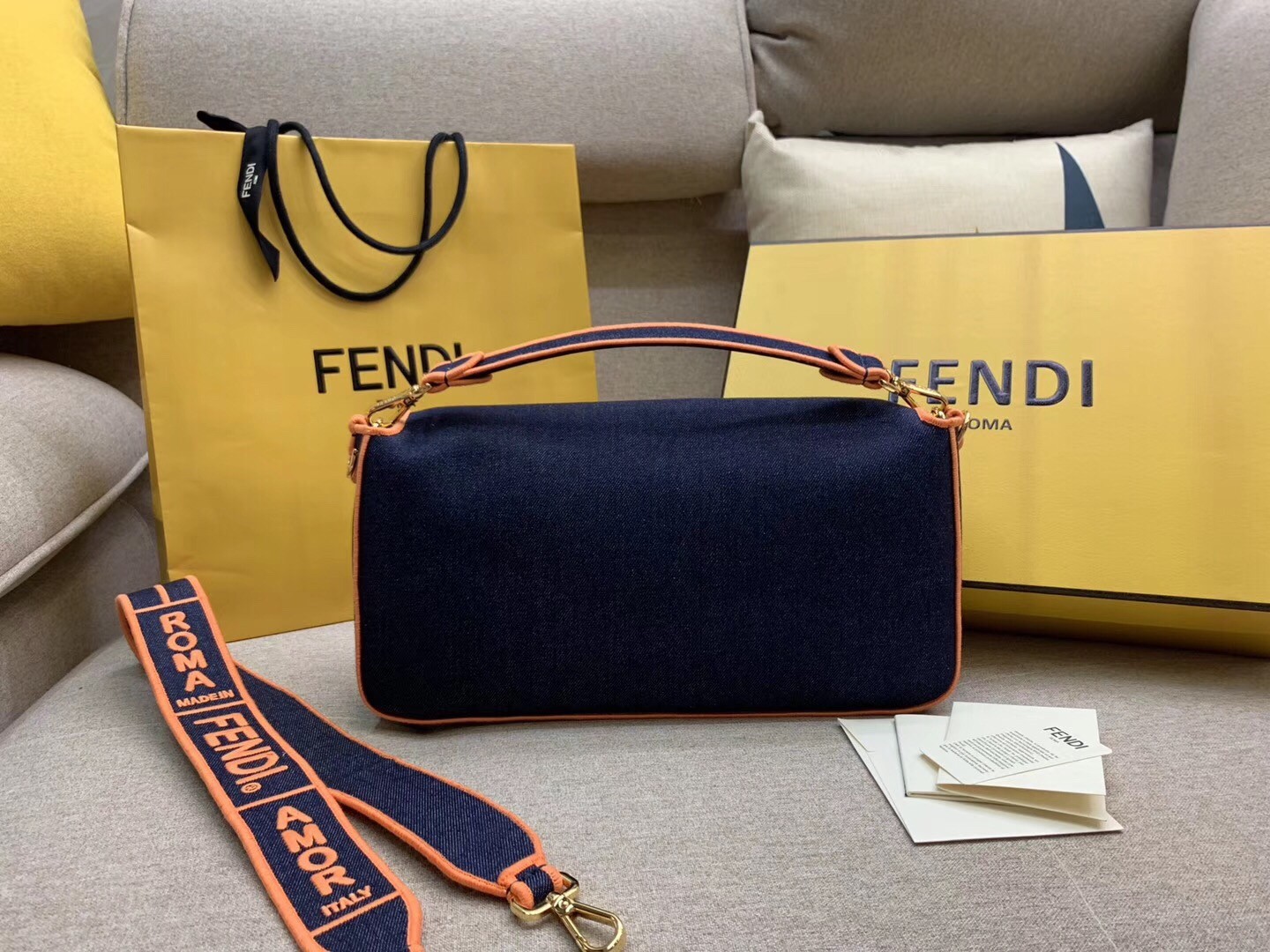F**di large baguette bag in blue denim with orange trim