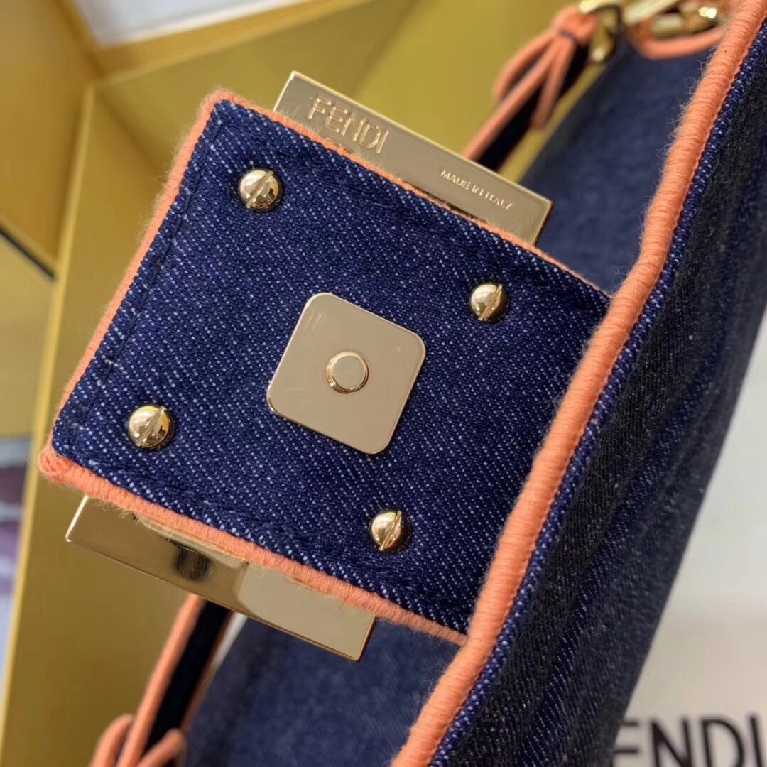 F**di large baguette bag in blue denim with orange trim