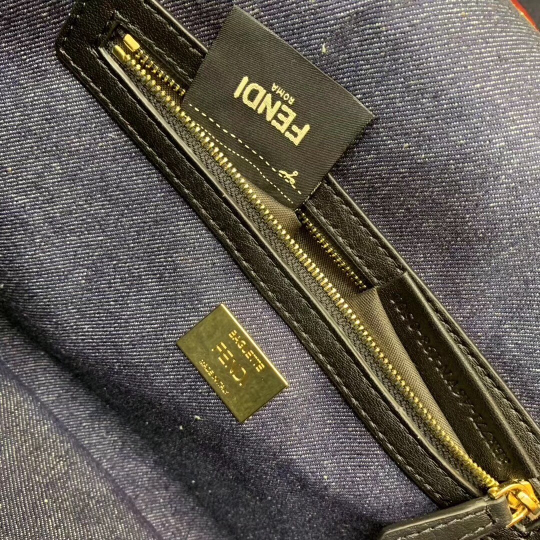 F**di large baguette bag in blue denim with orange trim