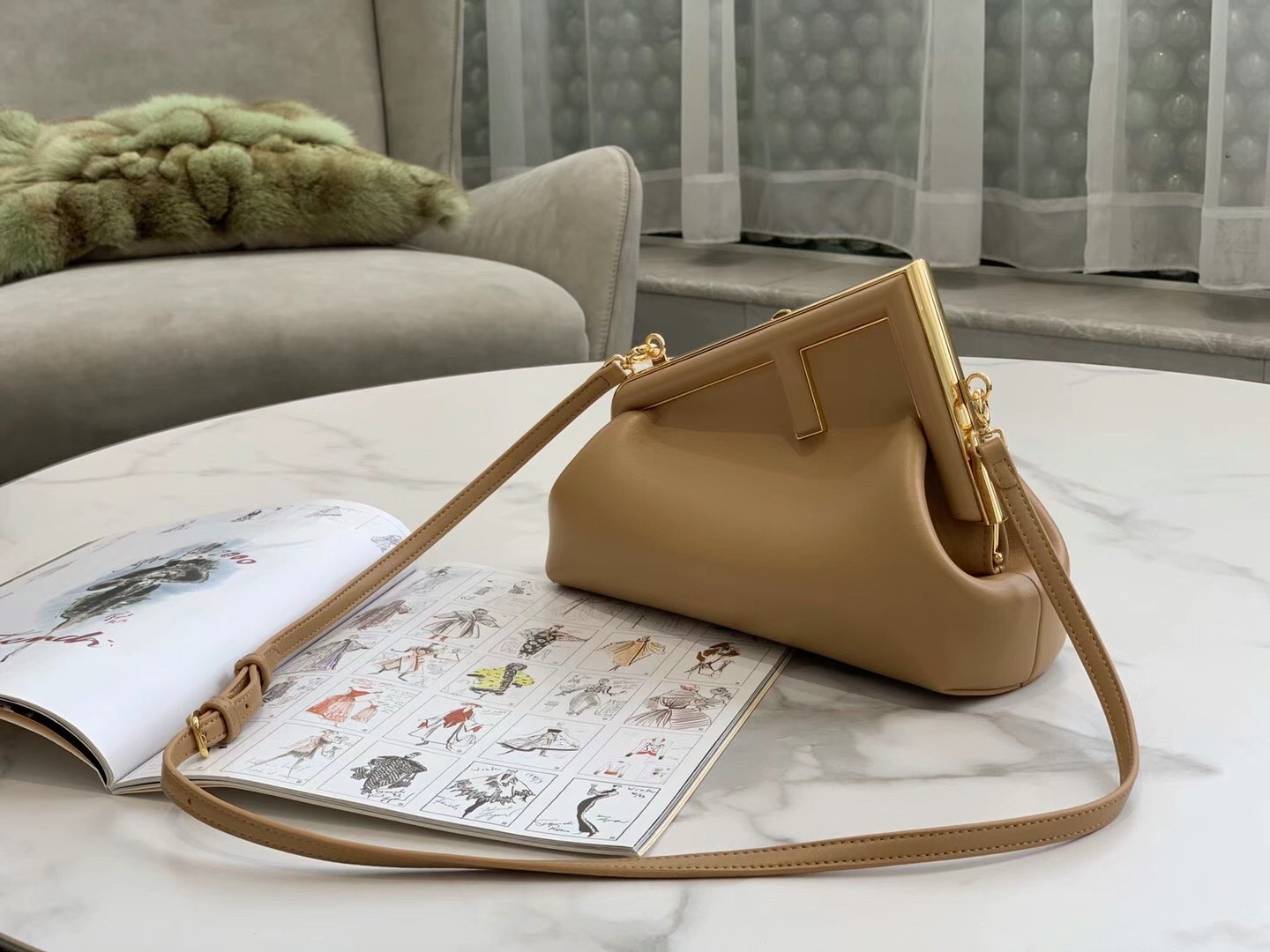 F**di first small bag in beige nappa leather