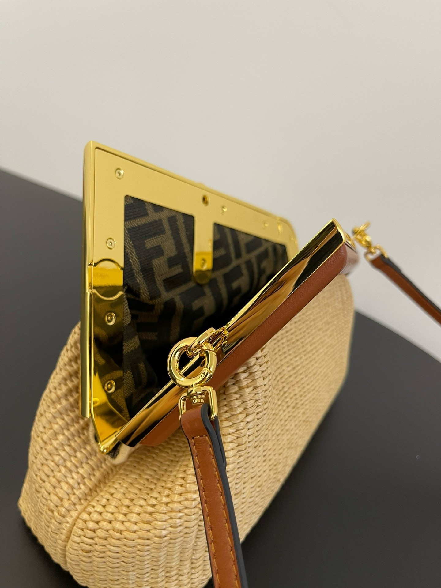 F**di first small bag in natural raffia straw