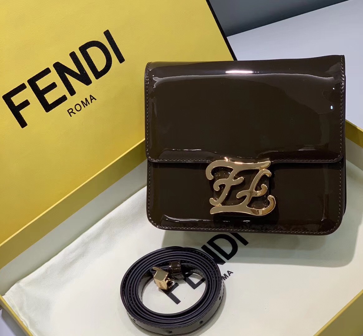 F**di karligraphy bag in brown patent leather