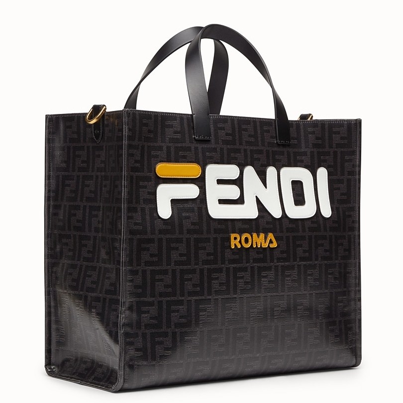 F**di black glazed fabric shopper white logo bag