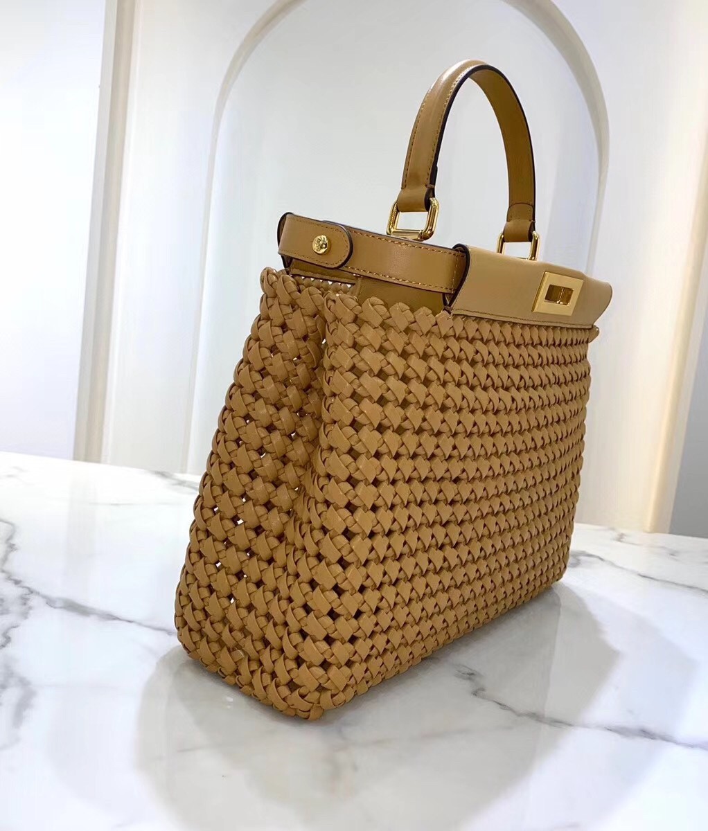 F**di peekaboo medium bag in beige interlace leather