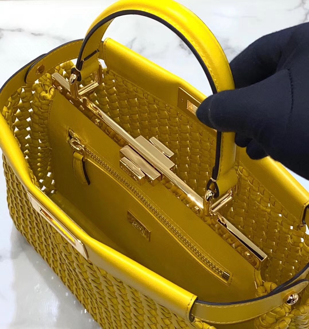 F**di peekaboo medium bag in yellow interlace leather
