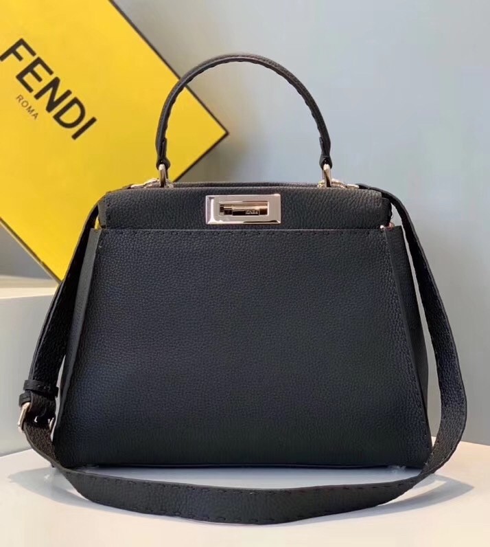 F**di selleria peekaboo medium bag in black roman leather