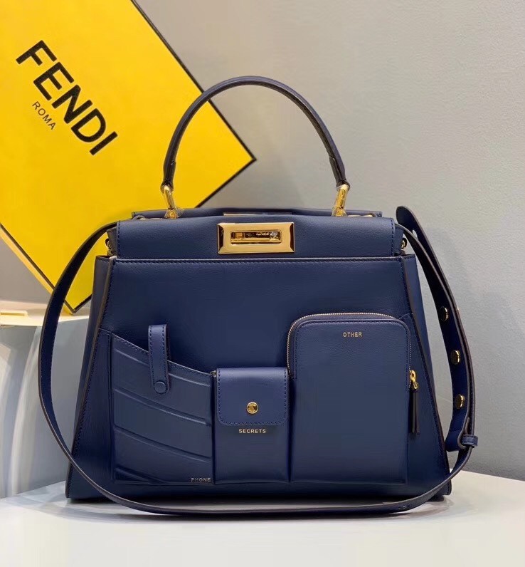 F**di peekaboo pocket medium bag in blue calfskin