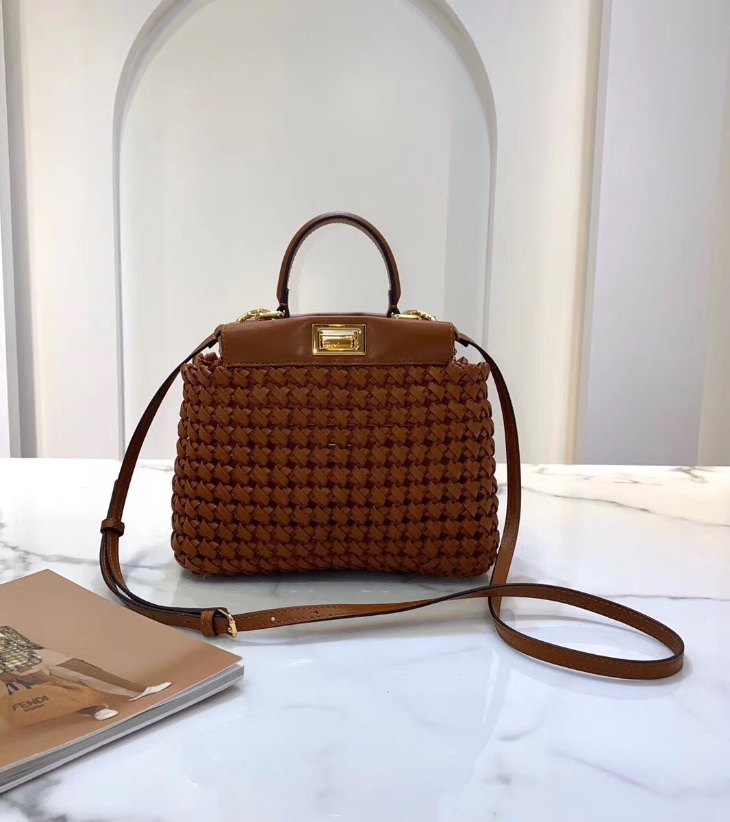 F**di peekaboo mini bag in brown interlace leather