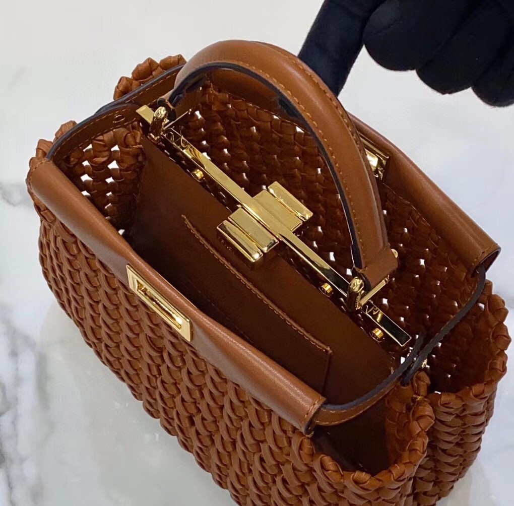 F**di peekaboo mini bag in brown interlace leather