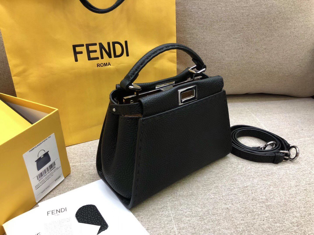 F**di peekaboo mini selleria bag in black cuoio romano leather
