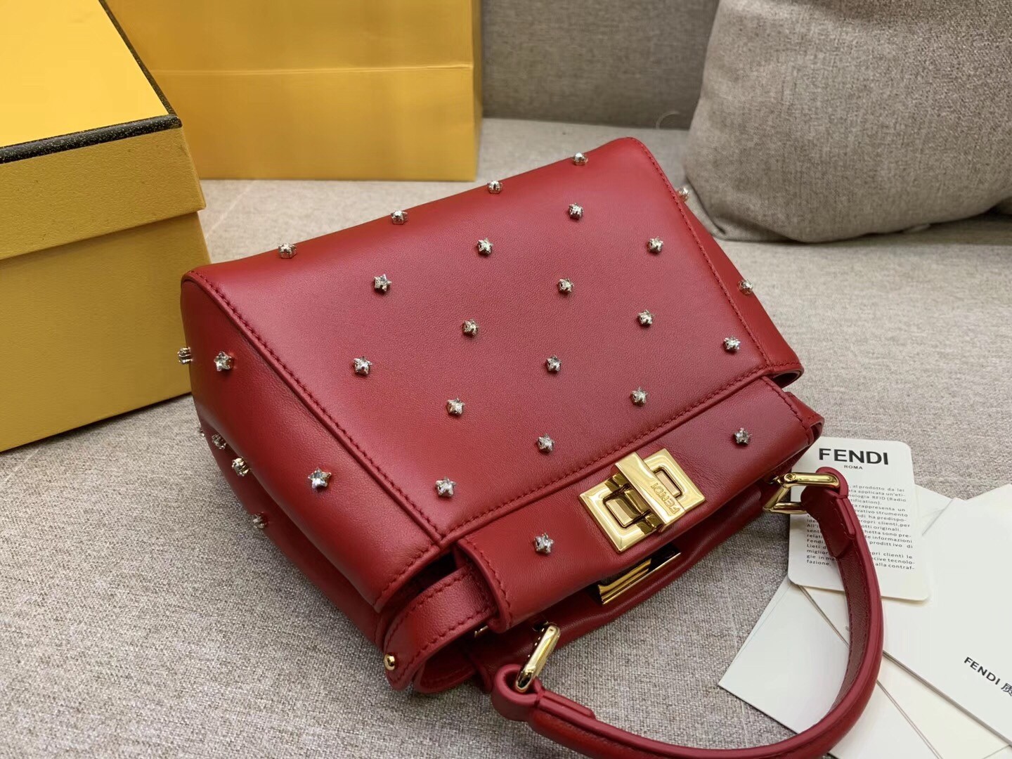 F**di peekaboo xs bag with star studs in red nappa leather