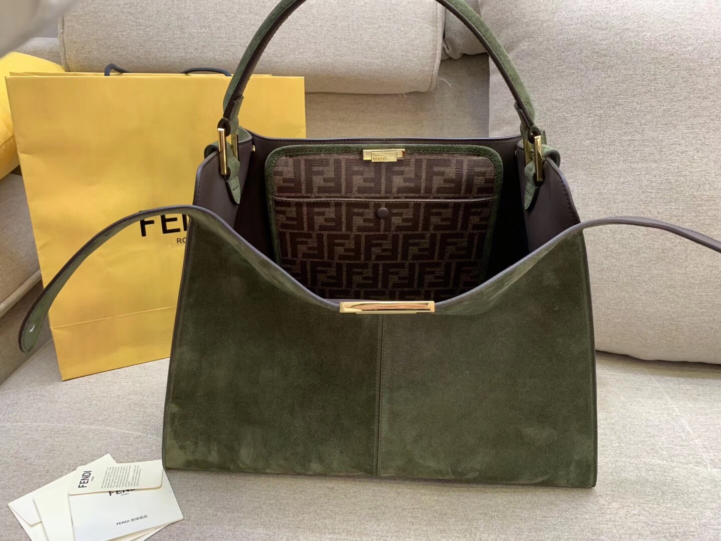 F**di green peekaboo x lite large suede bag