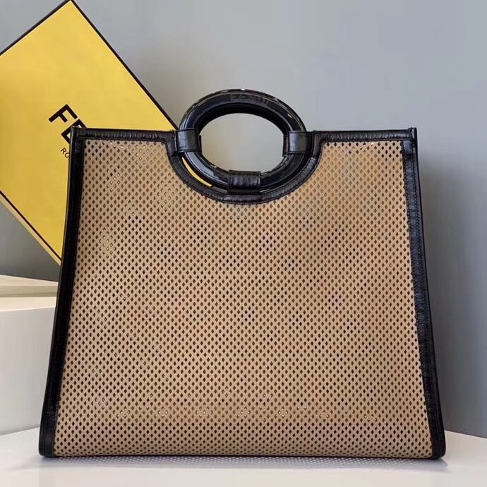 F**di large runaway shopper bag in beige perforated calfskin