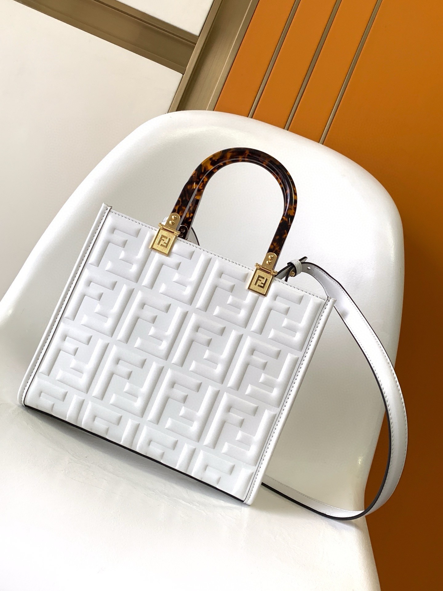 F**di sunshine small tote bag in white ff calfskin