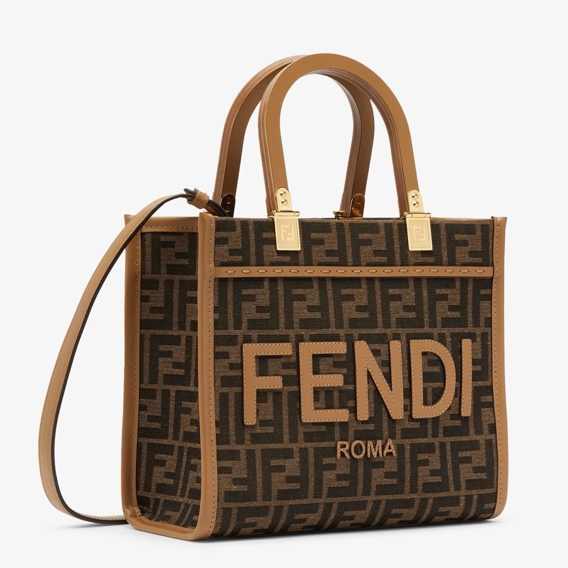 F**di sunshine small tote bag in brown ff jacquard fabric