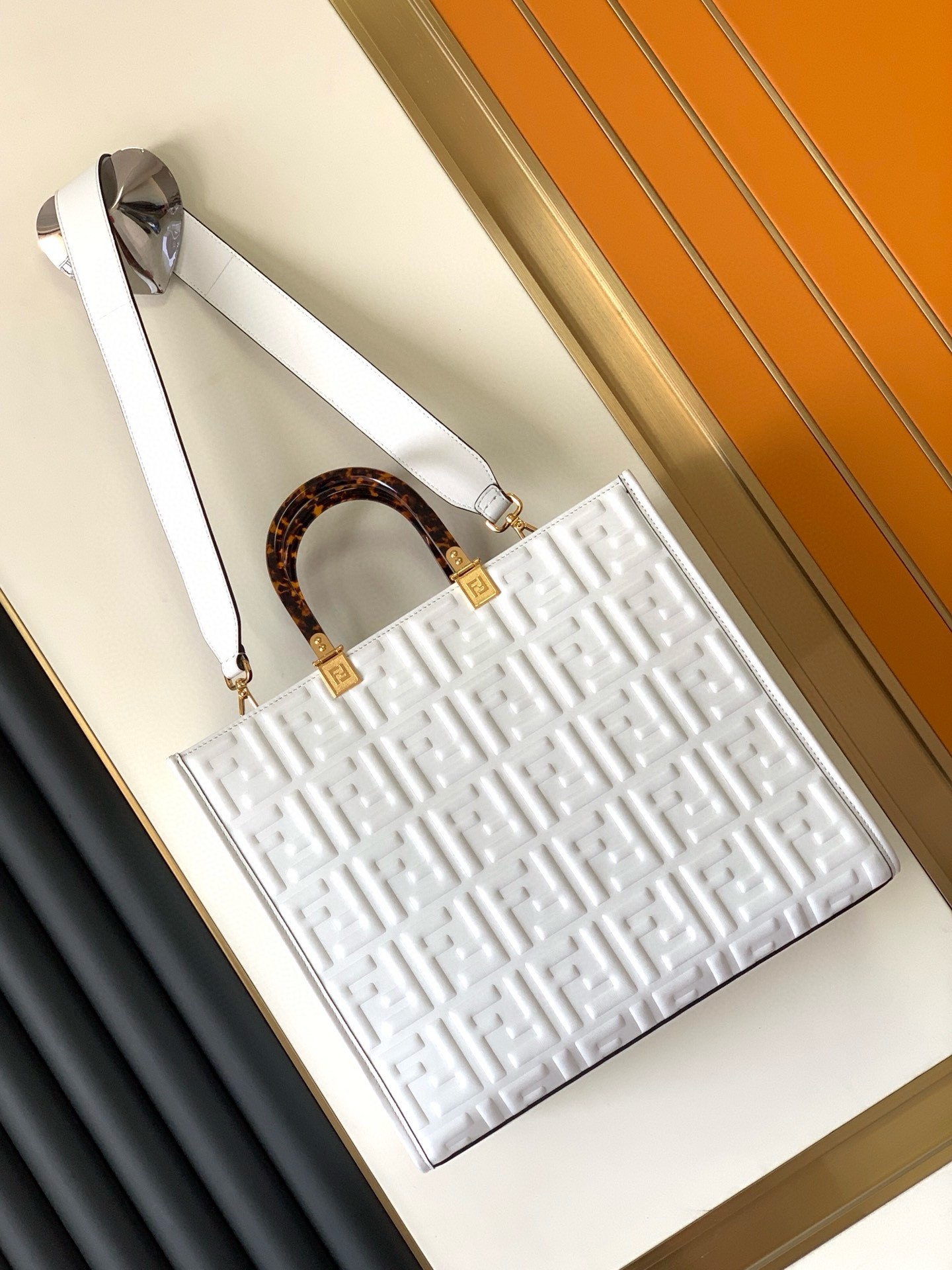 F**di sunshine medium tote bag in white ff calfskin