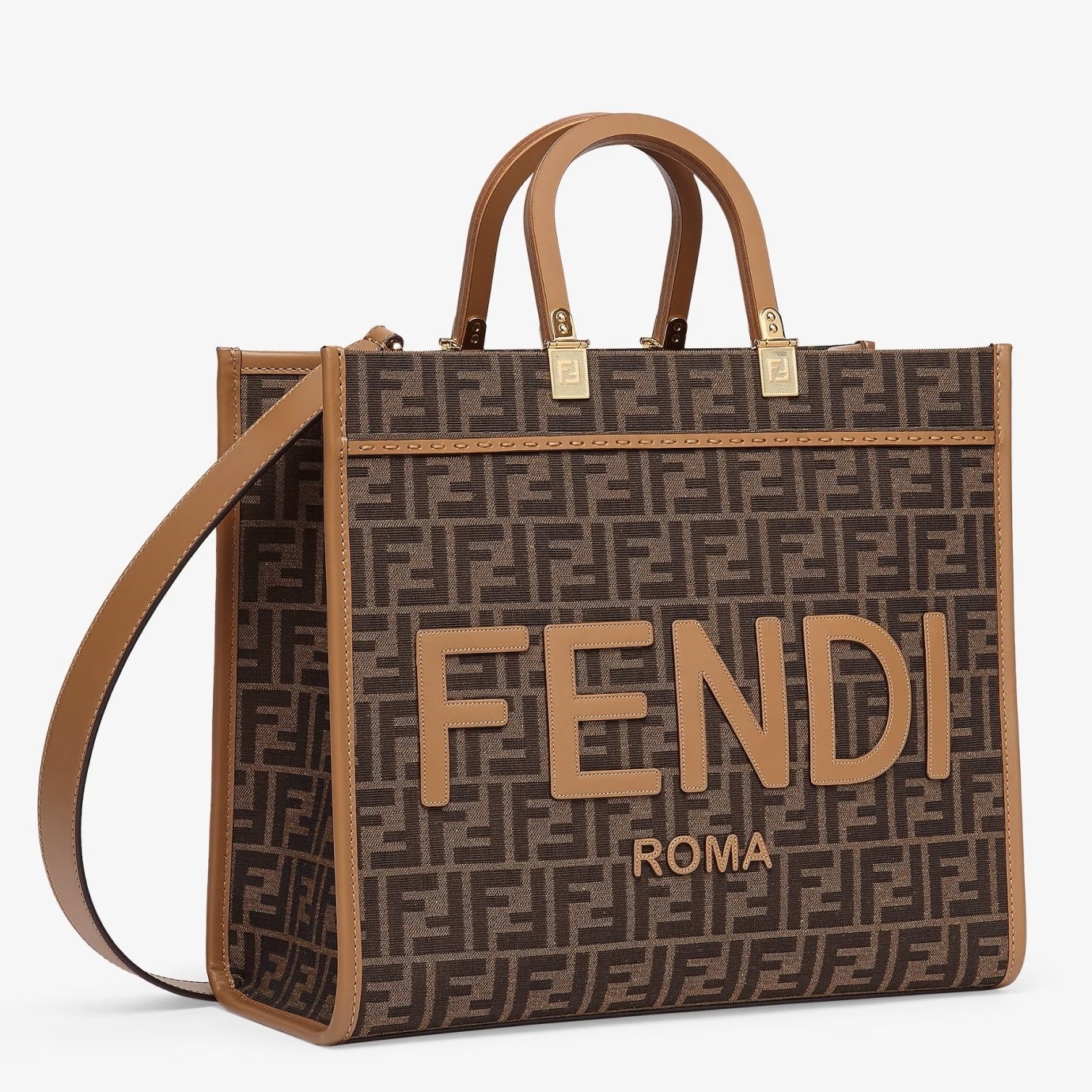 F**di sunshine medium tote bag in brown ff jacquard fabric
