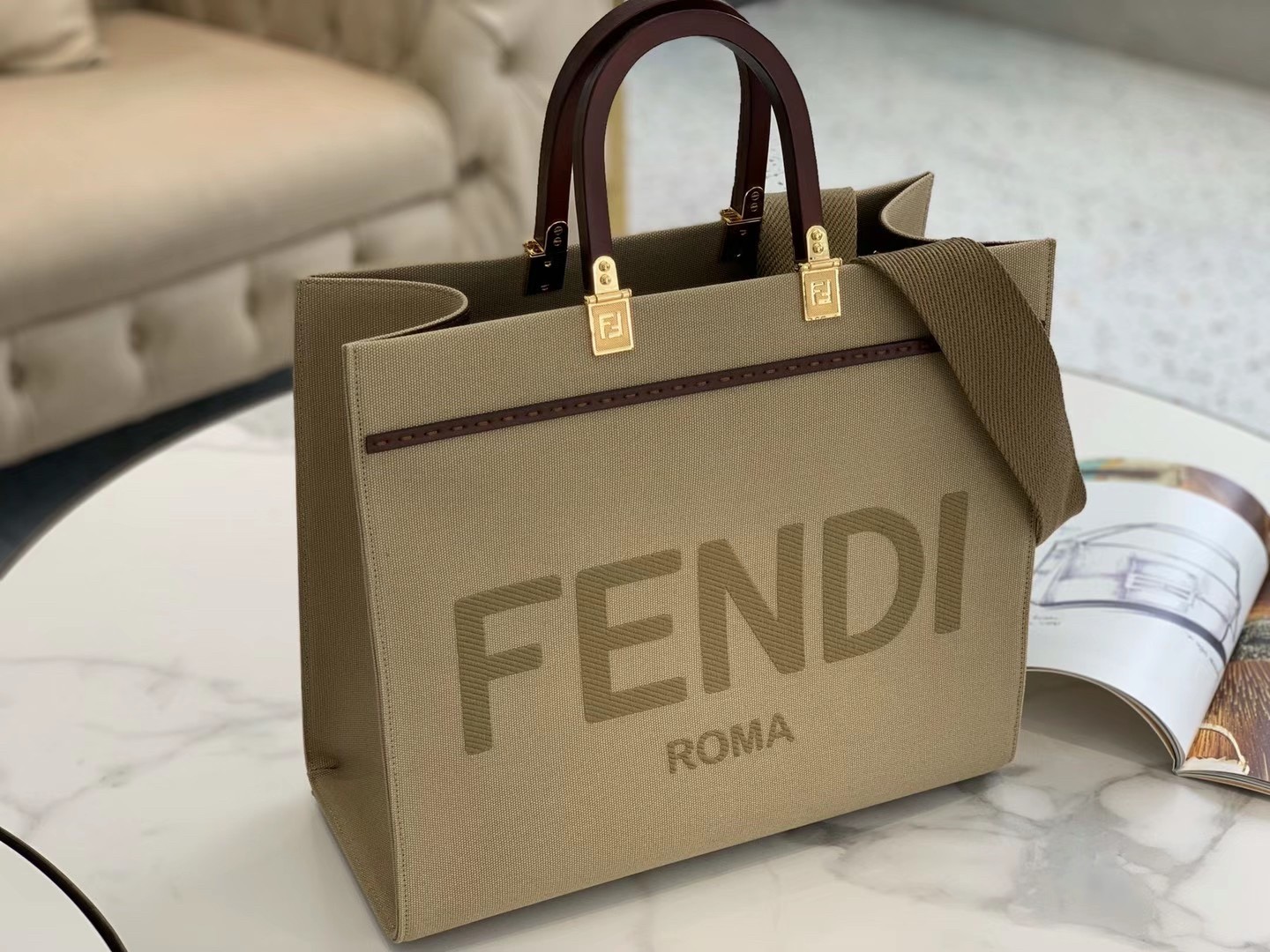 F**di sunshine medium shopper bag in beige canvas
