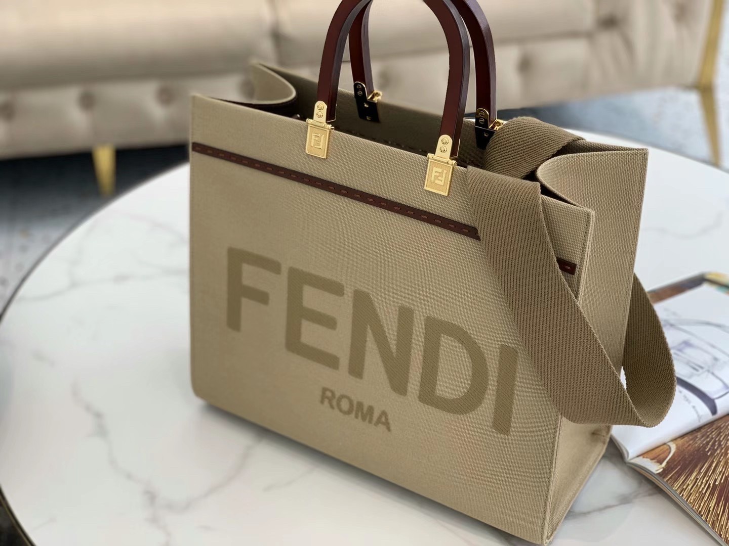 F**di sunshine medium shopper bag in beige canvas