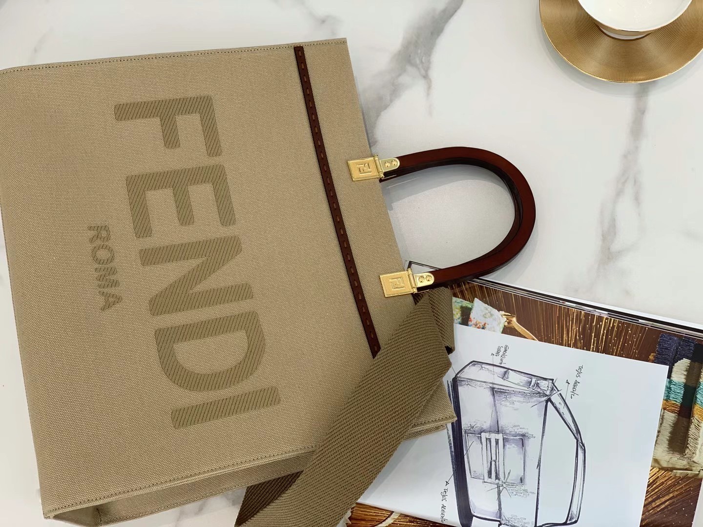 F**di sunshine medium shopper bag in beige canvas