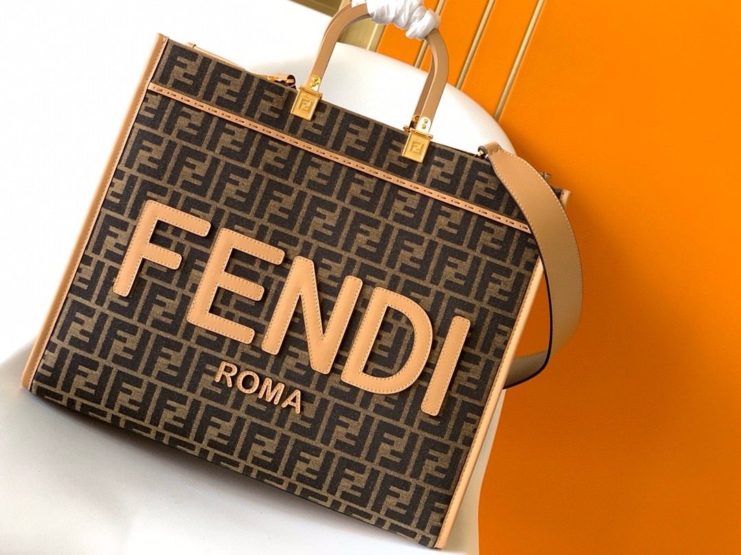 F**di sunshine large tote bag in brown ff jacquard fabric