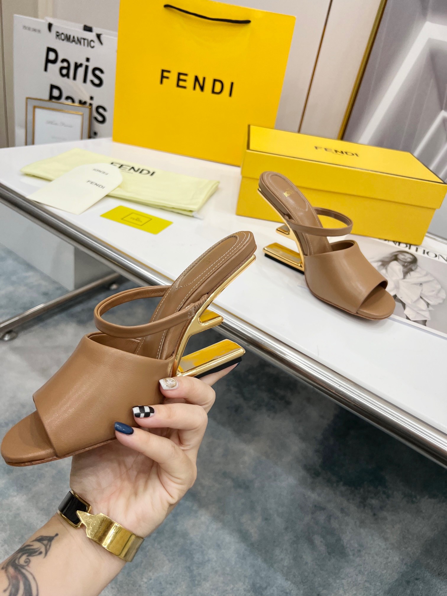 F**di first sandals 95mm in light brown calfskin
