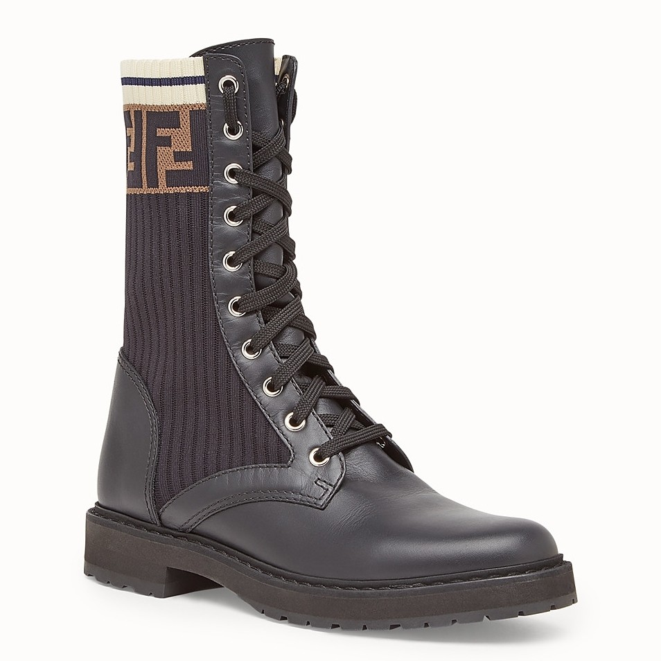 F**di ankle boots in black leather with stretch fabric