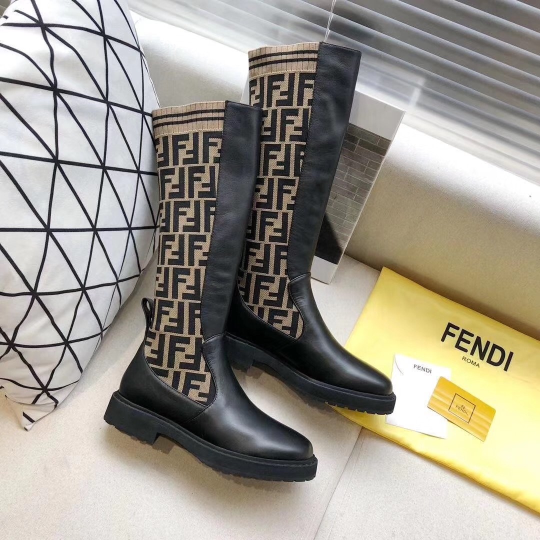 F**di rockoko high boots in leather with ff fabric