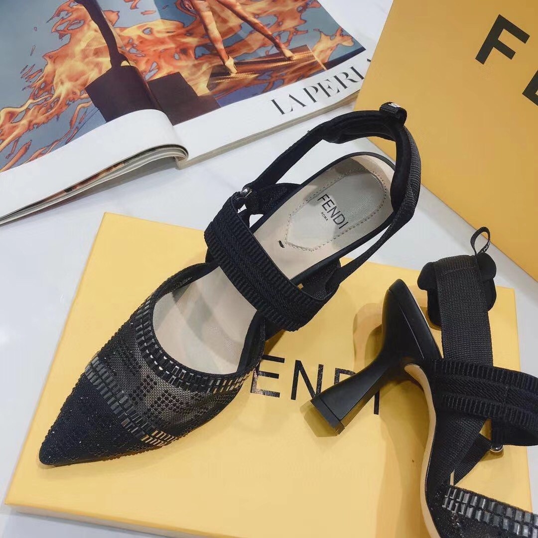 F**di black mesh colibri slingbacks 55mm with rhinestone