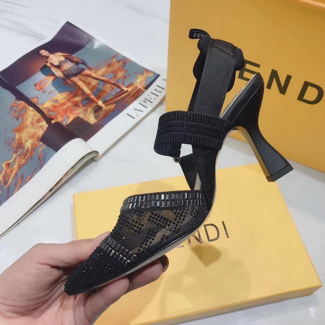 F**di black mesh colibri slingbacks 55mm with rhinestone