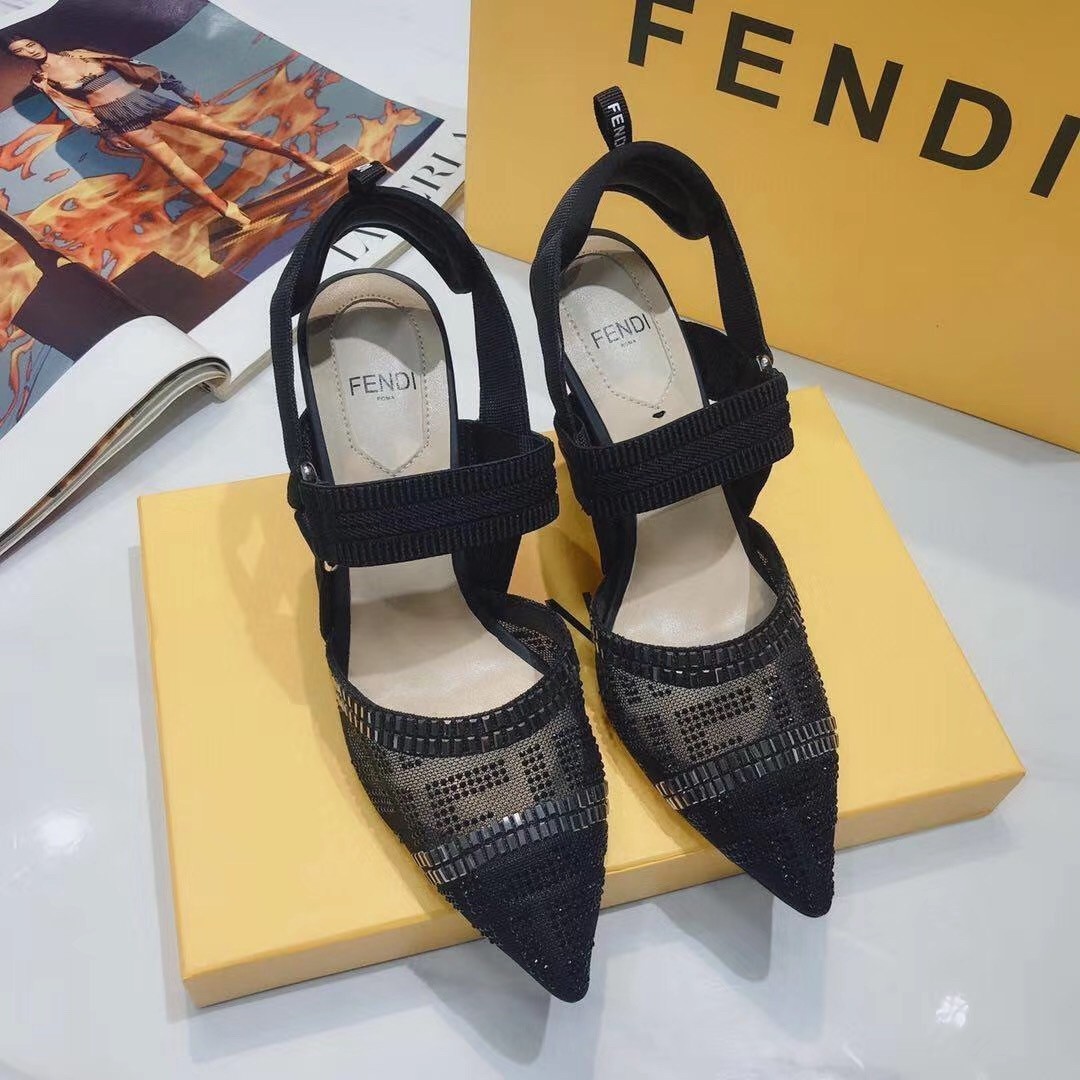 F**di black mesh colibri slingbacks 55mm with rhinestone