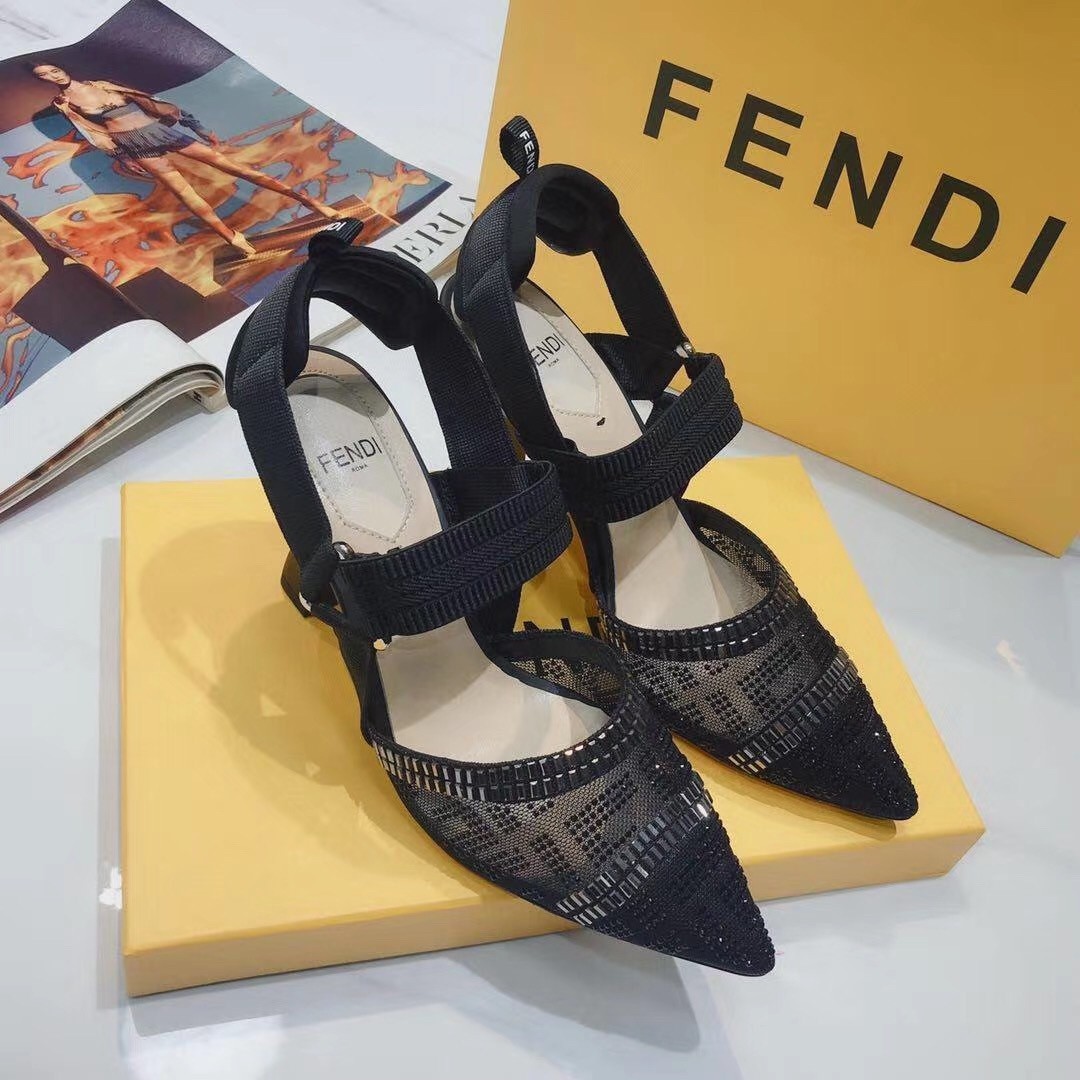 F**di black mesh colibri slingbacks 55mm with rhinestone