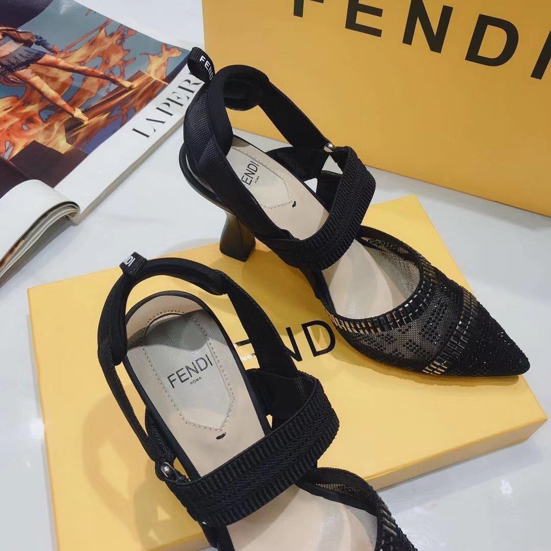 F**di black mesh colibri slingbacks 55mm with rhinestone