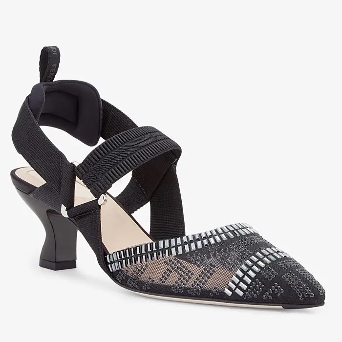 F**di black mesh colibri slingbacks 55mm with rhinestone