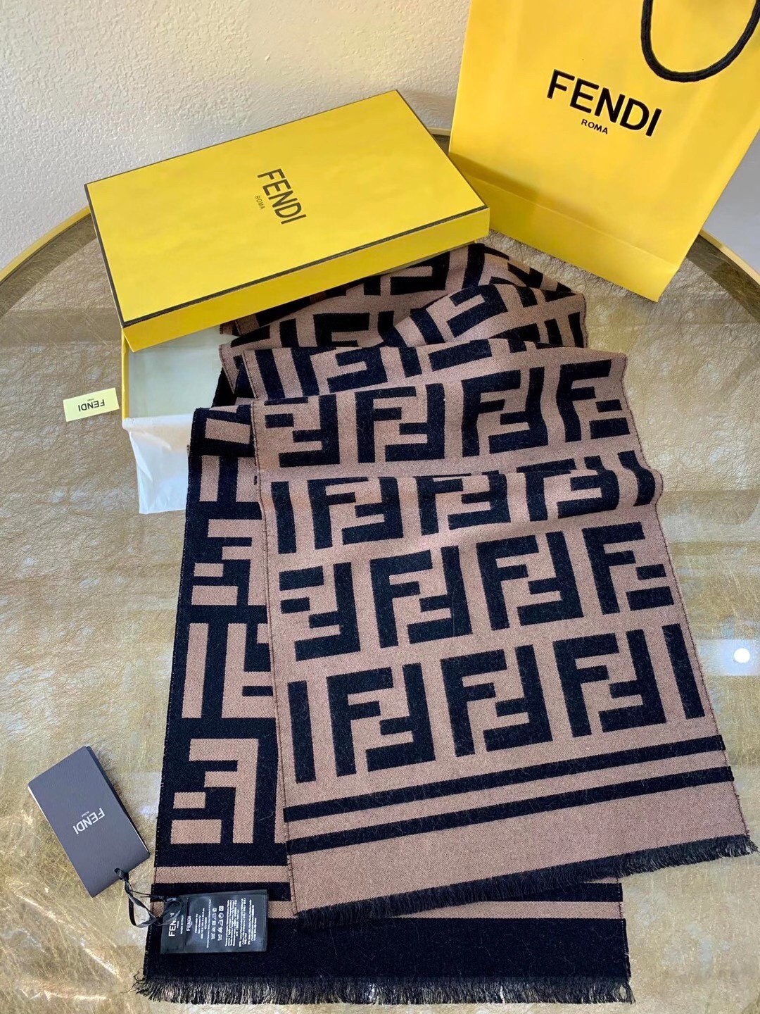 F**di brown wool and silk scarf