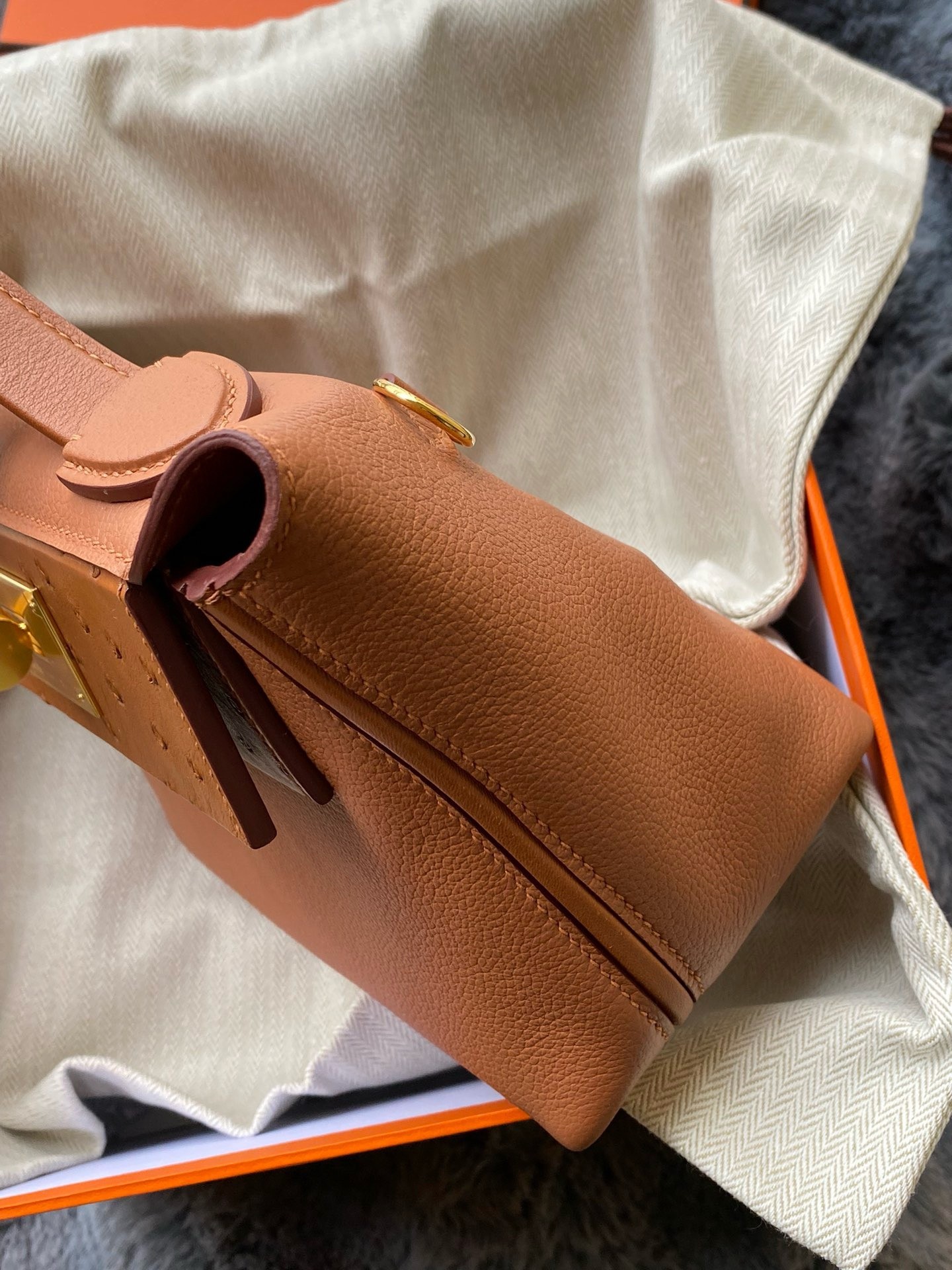 H**mes 24/24 mini 21 touch bag in gold evercolor and ostrich leather