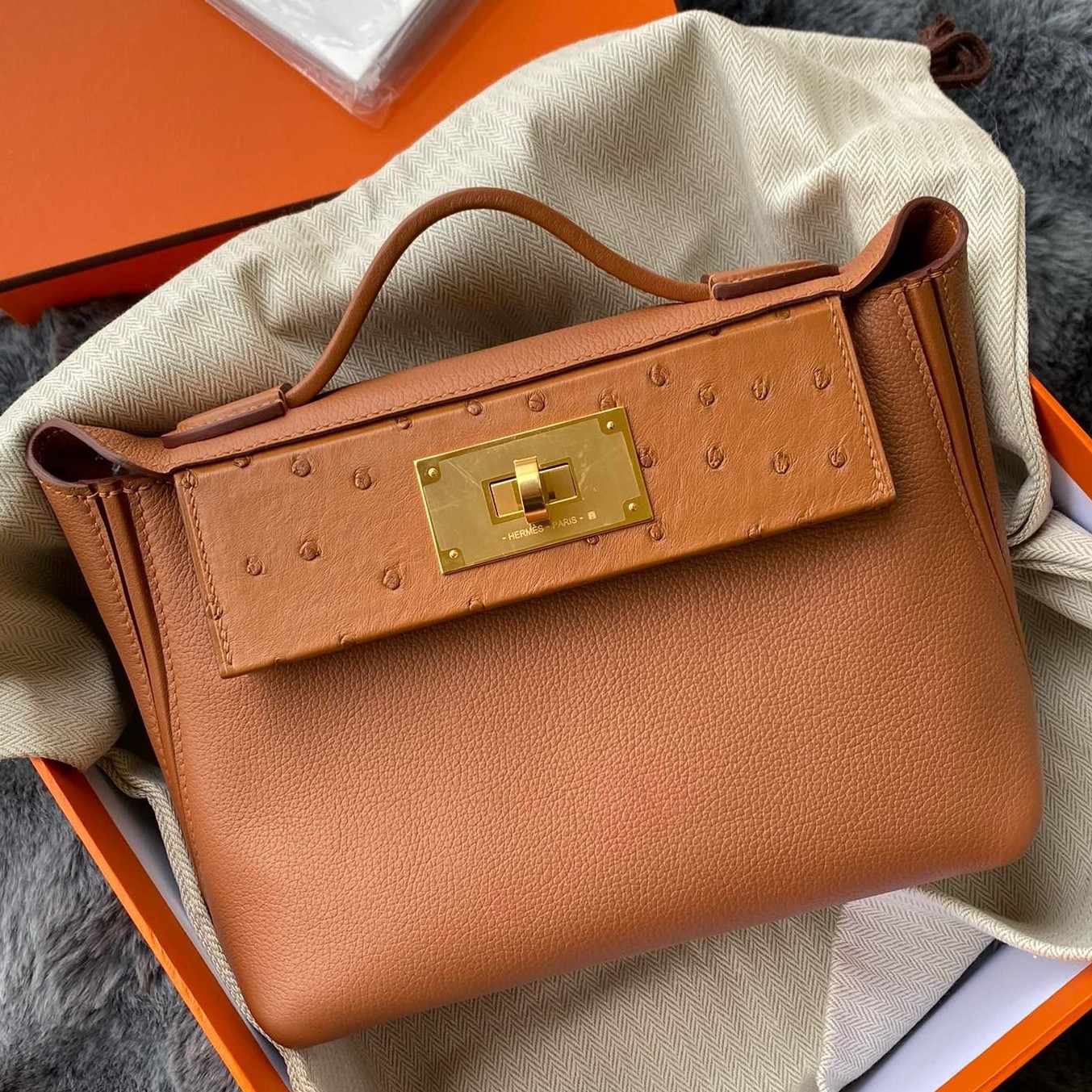 H**mes 24/24 mini 21 touch bag in gold evercolor and ostrich leather