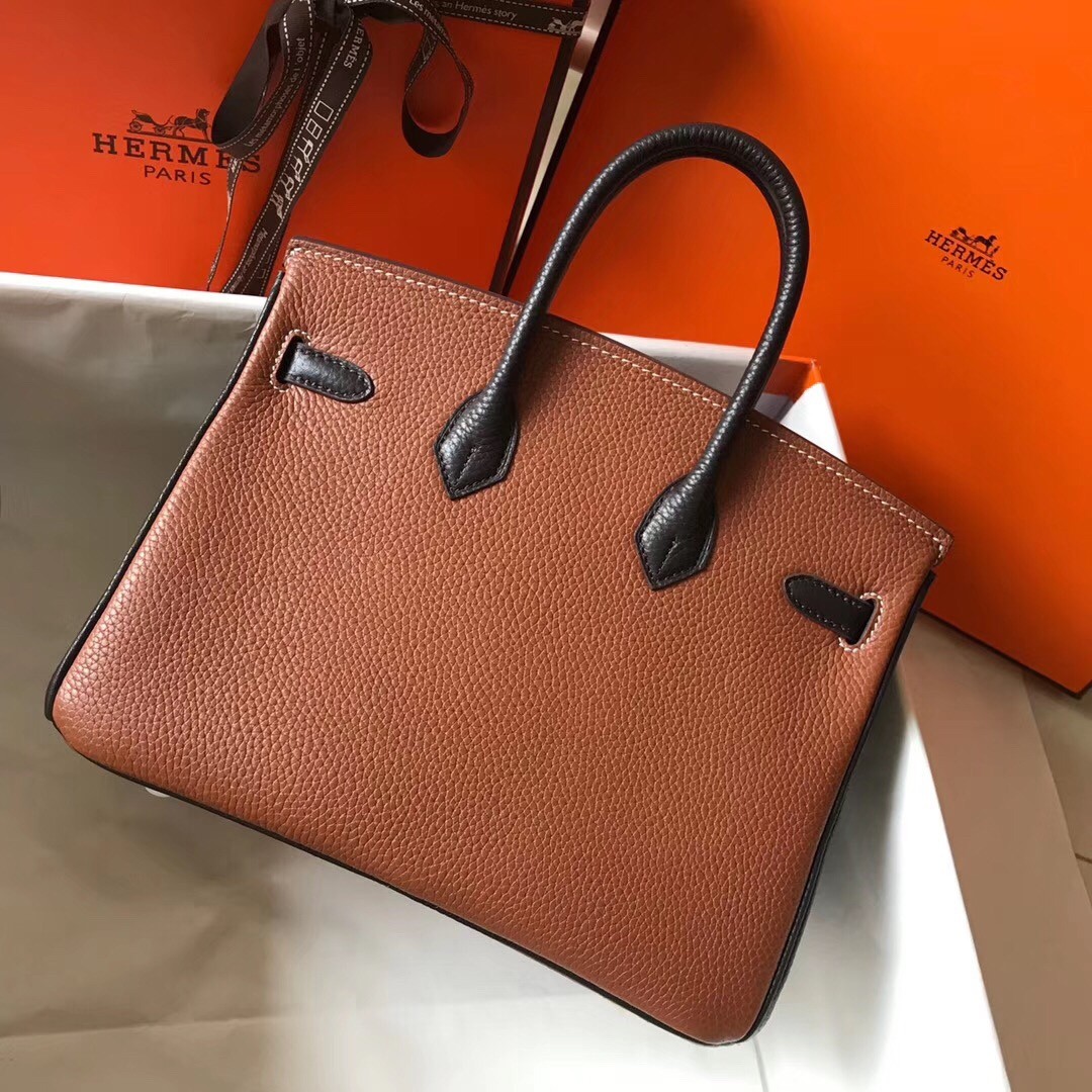 H**mes bi-color birkin 25cm bag in brown/black clemence leather