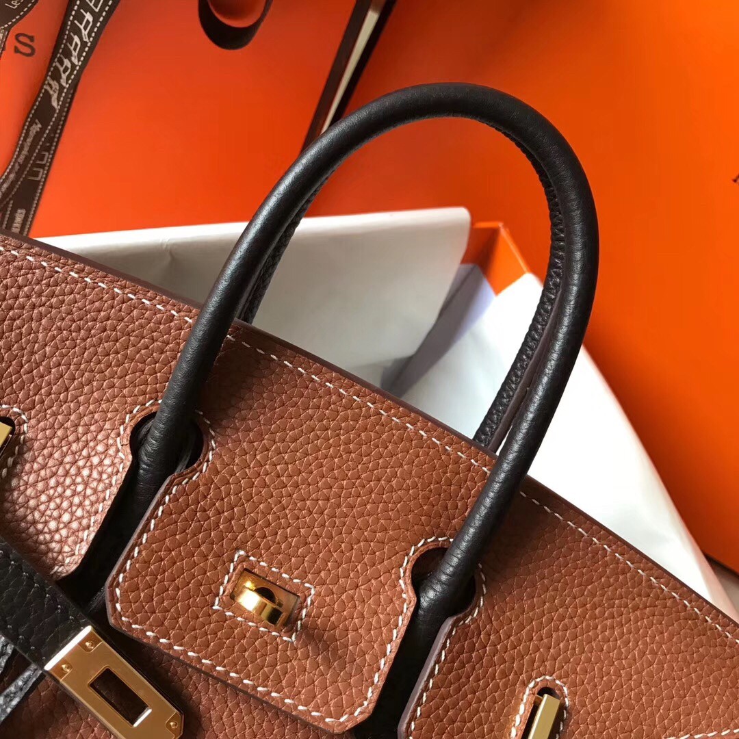 H**mes bi-color birkin 25cm bag in brown/black clemence leather