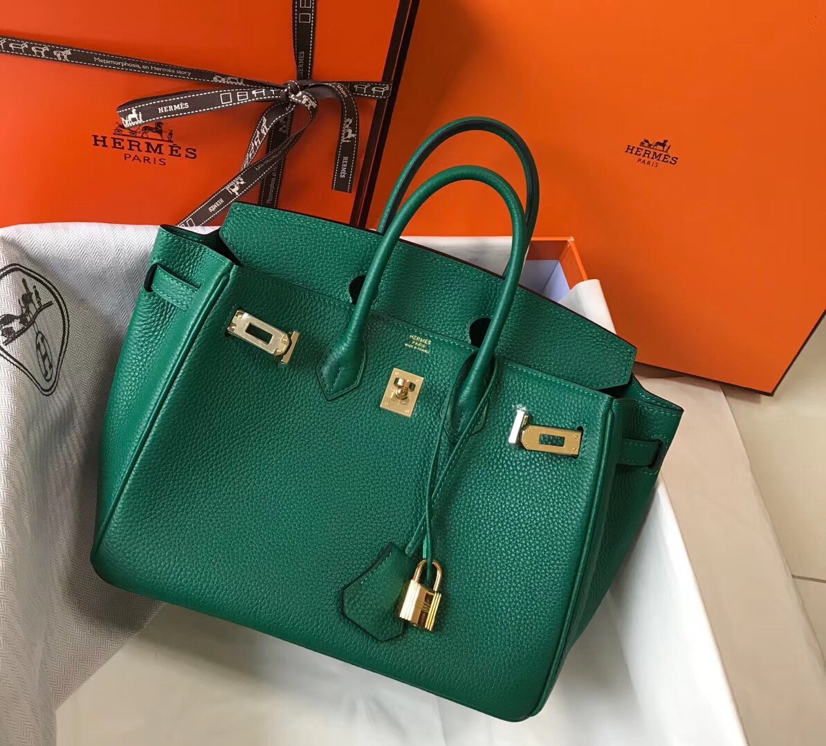 H**mes birkin 25cm bag in malachite clemence leather