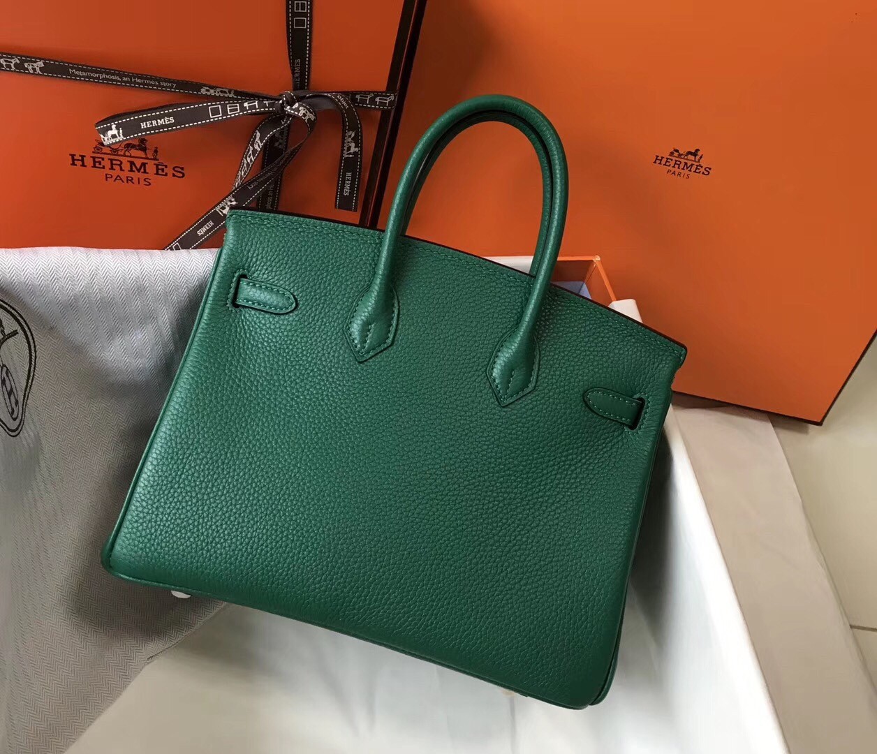 H**mes birkin 25cm bag in malachite clemence leather