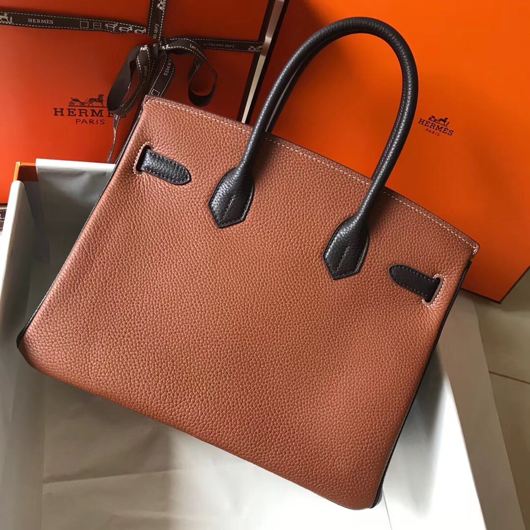 H**mes bi-color birkin 30cm bag in brown/black clemence leather